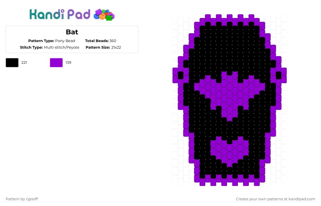 Bat - Pony Bead Pattern by cgreiff on Kandi Pad - purple,black