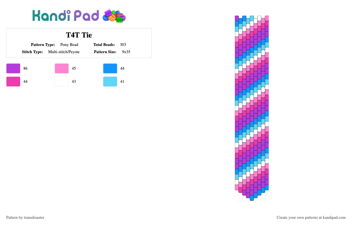 T4T Tie - Pony Bead Pattern by transdisaster on Kandi Pad - light blue, pink, pride, purple, t4t, trans