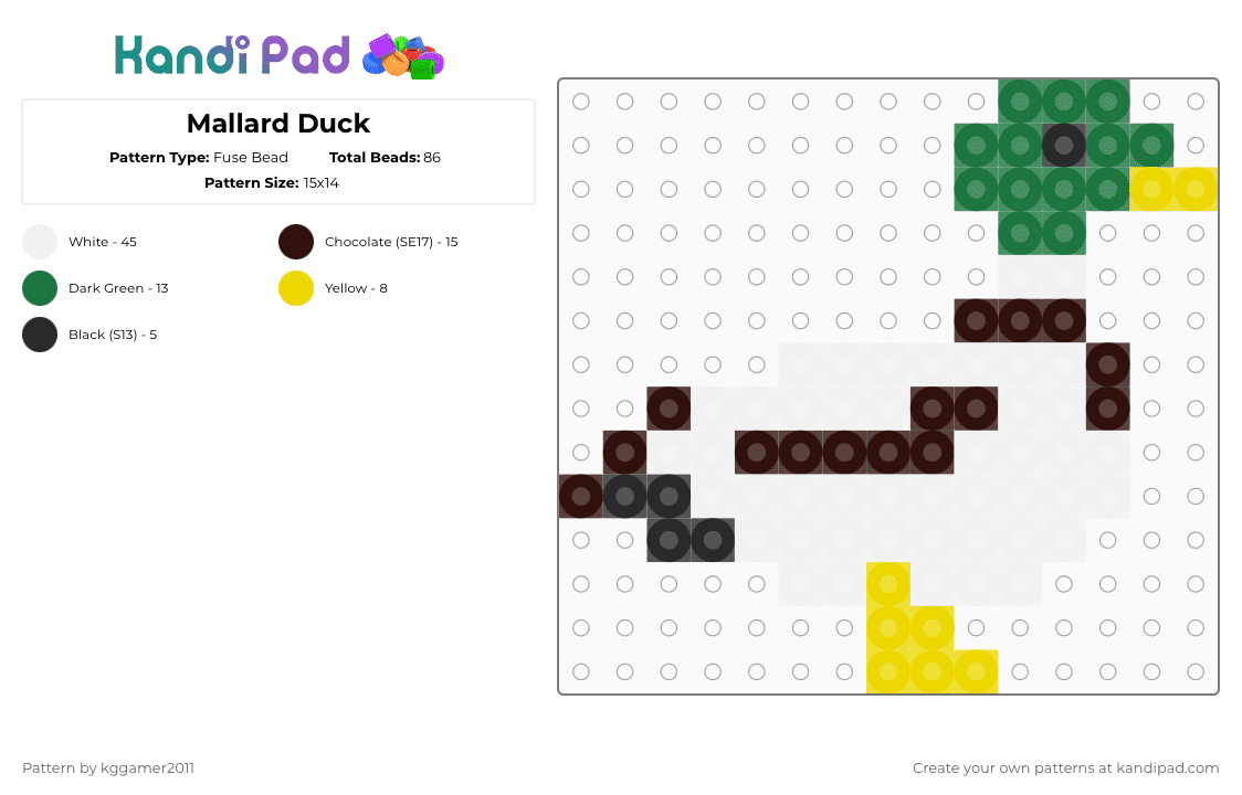 Mallard Duck - Fuse Bead Pattern by kggamer2011 on Kandi Pad - white,green,brown
