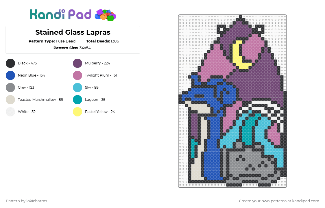 Stained Glass Lapras - Fuse Bead Pattern by lokicharms on Kandi Pad - blue,pink,gray