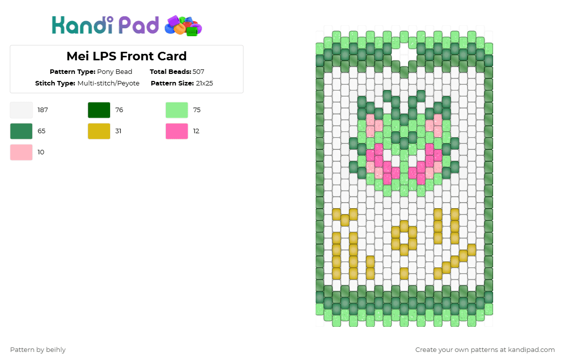 Mei LPS Front Card - Pony Bead Pattern by beihly on Kandi Pad - white,green,teal