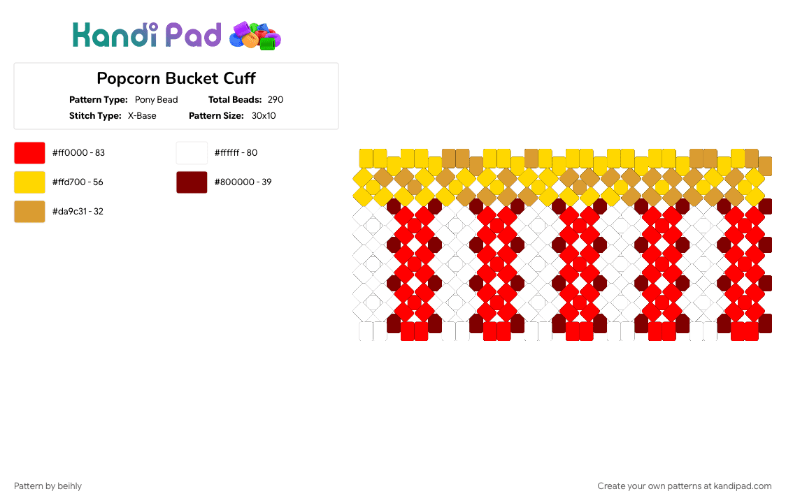 Popcorn Bucket Cuff - Pony Bead Pattern by beihly on Kandi Pad - red