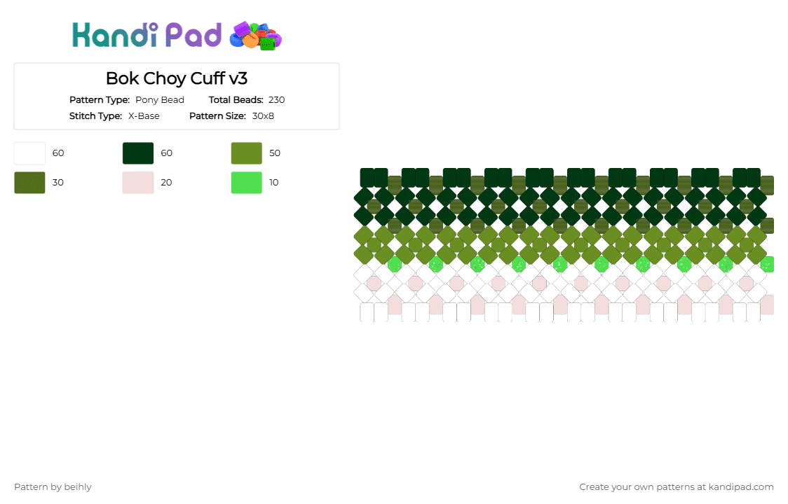 Bok Choy Cuff v3 - Pony Bead Pattern by beihly on Kandi Pad - gold, green
