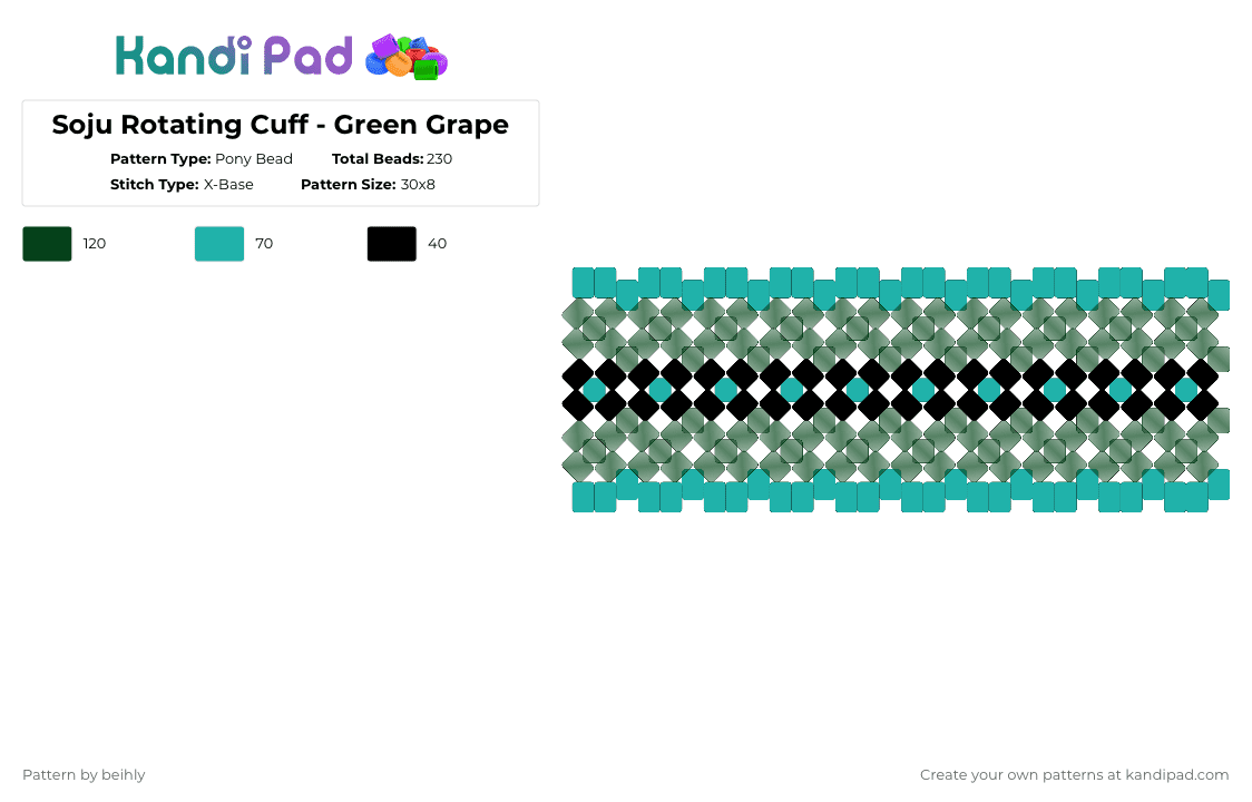 Soju Rotating Cuff - Green Grape - Pony Bead Pattern by beihly on Kandi Pad - black,teal