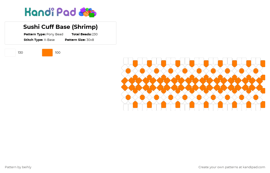 Sushi Cuff Base (Shrimp) - Pony Bead Pattern by beihly on Kandi Pad - white,orange