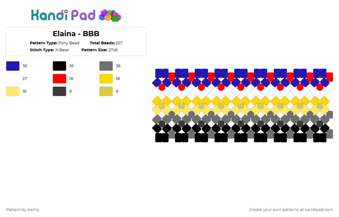 Elaina - BBB - Pony Bead Pattern by beihly on Kandi Pad - yellow,purple,gray
