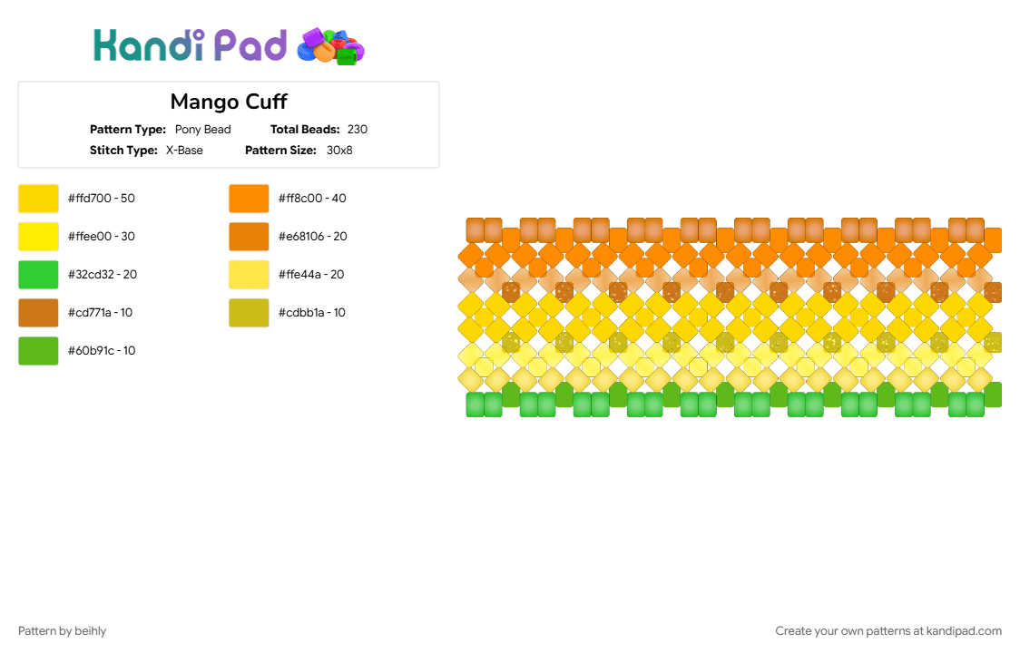 Mango Cuff - Pony Bead Pattern by beihly on Kandi Pad - orange, yellow