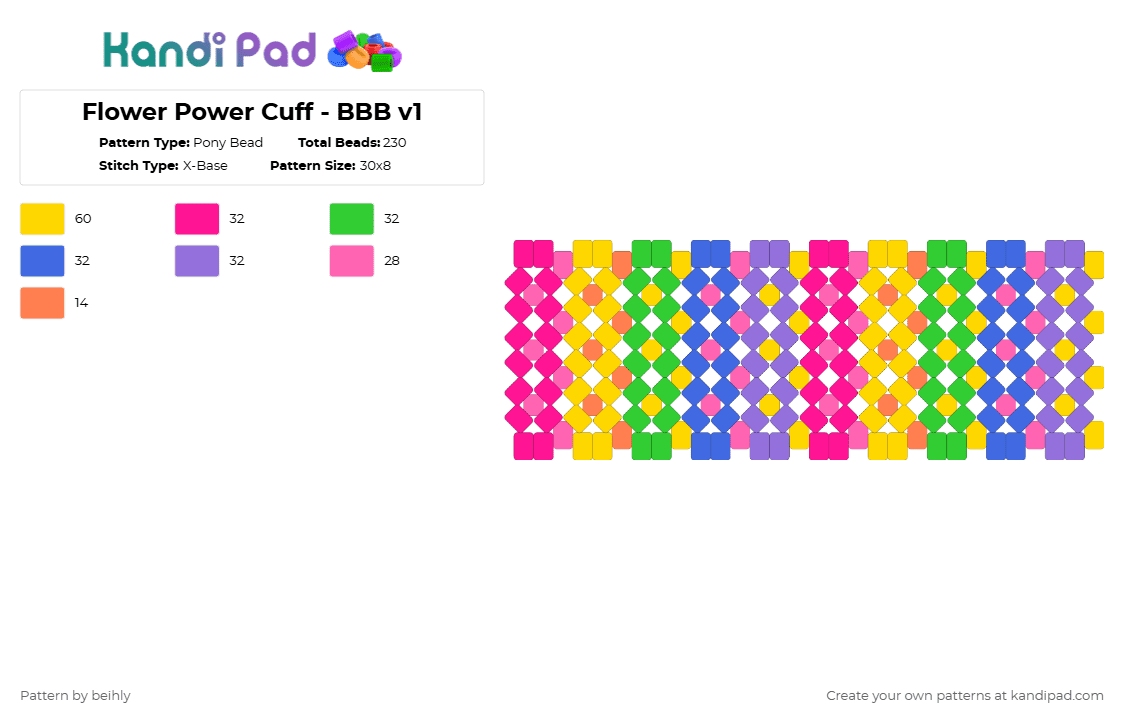 Flower Power Cuff - BBB v1 - Pony Bead Pattern by beihly on Kandi Pad - pink,yellow