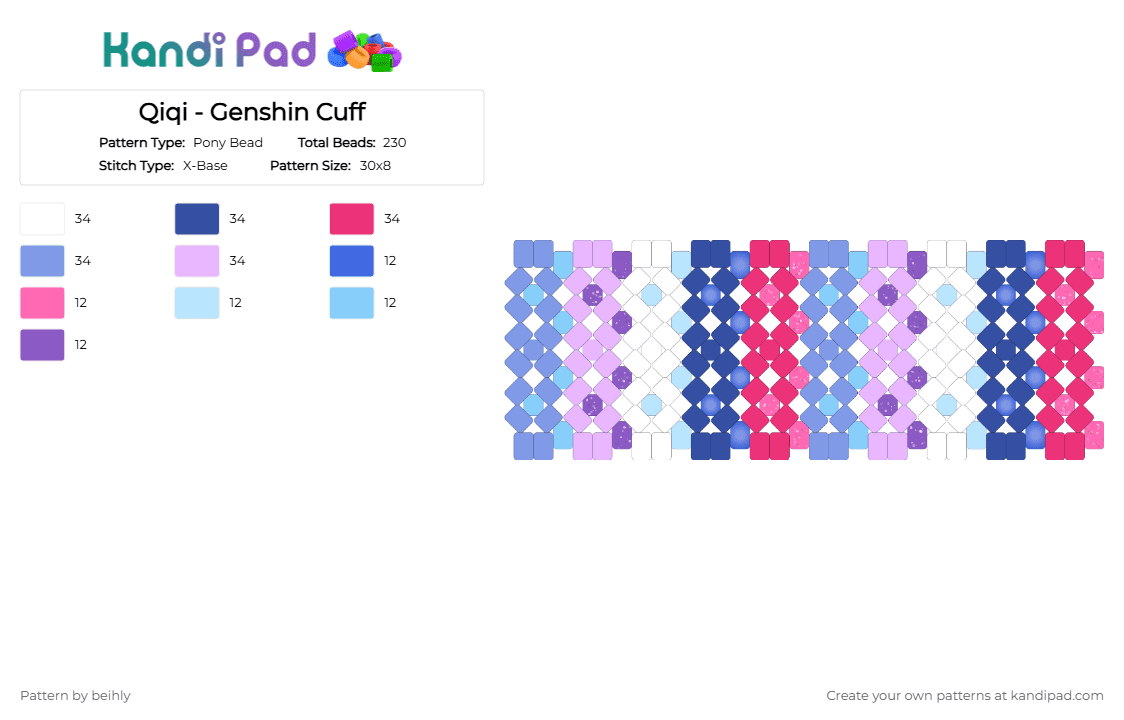 Qiqi - Genshin Cuff - Pony Bead Pattern by beihly on Kandi Pad - light blue, pink