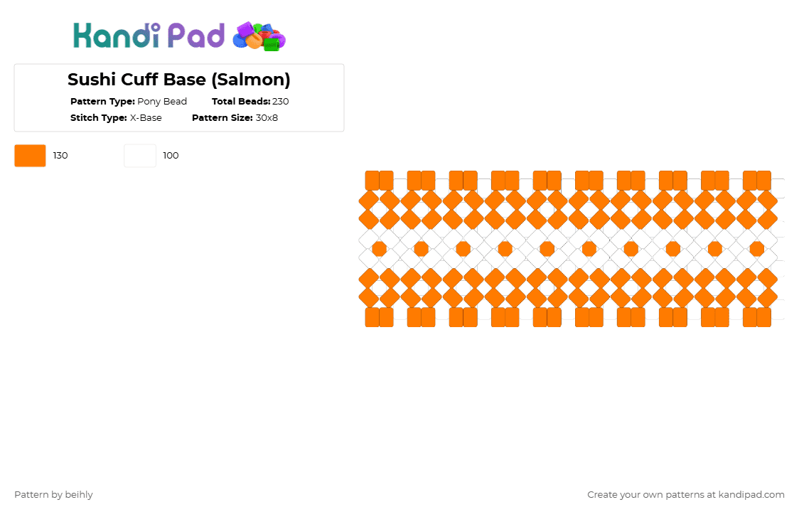 Sushi Cuff Base (Salmon) - Pony Bead Pattern by beihly on Kandi Pad - orange,white