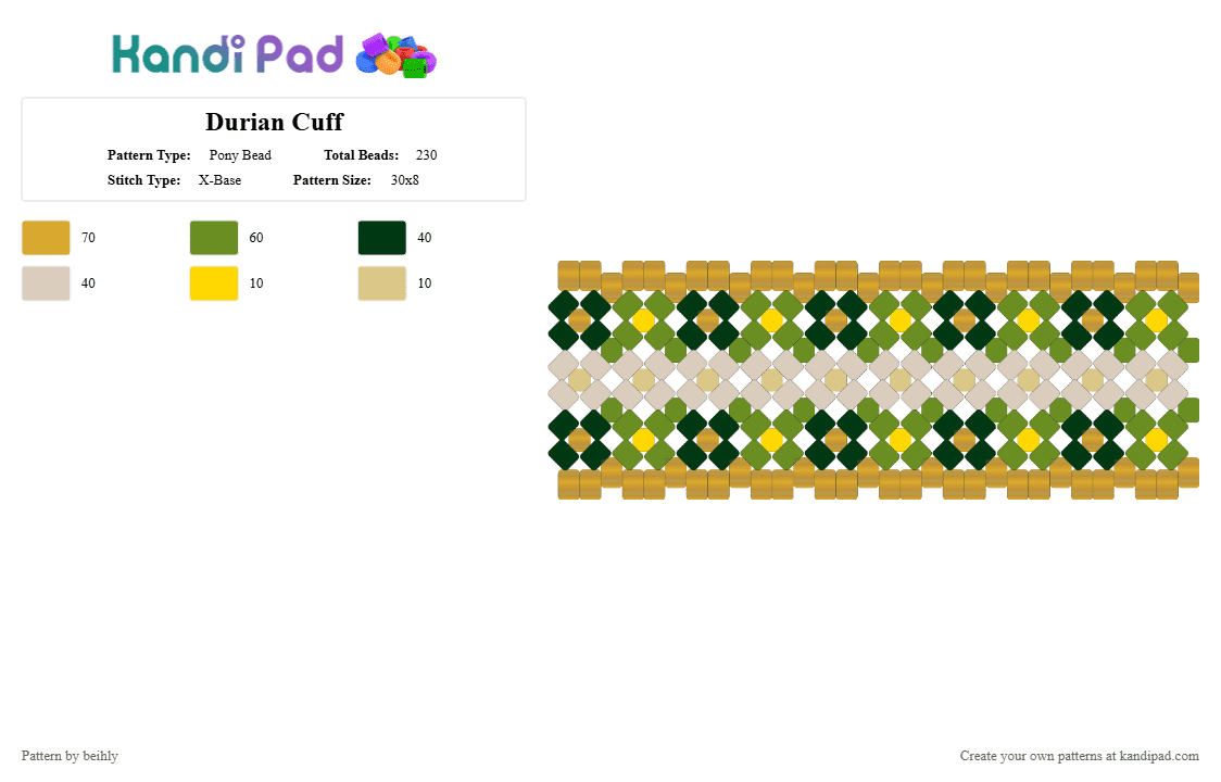 Durian Cuff - Pony Bead Pattern by beihly on Kandi Pad - beige, green, orange