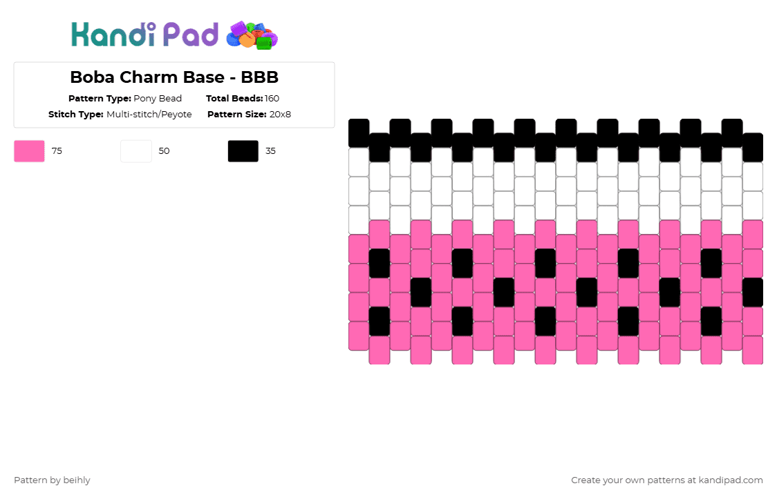 Boba Charm Base - BBB - Pony Bead Pattern by beihly on Kandi Pad - pink,white