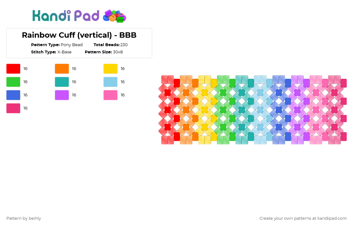 Rainbow Cuff (vertical) - BBB - Pony Bead Pattern by beihly on Kandi Pad - orange,green,light blue,purple,colorful