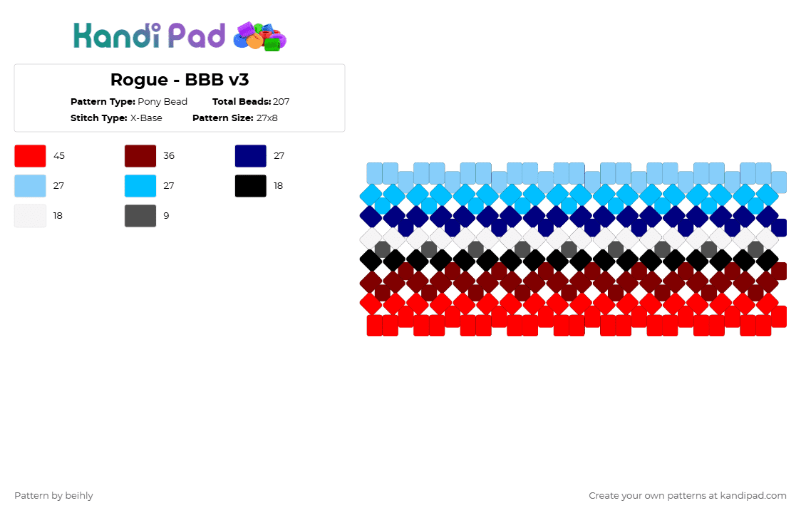 Rogue - BBB v3 - Pony Bead Pattern by beihly on Kandi Pad - red,brown,light blue