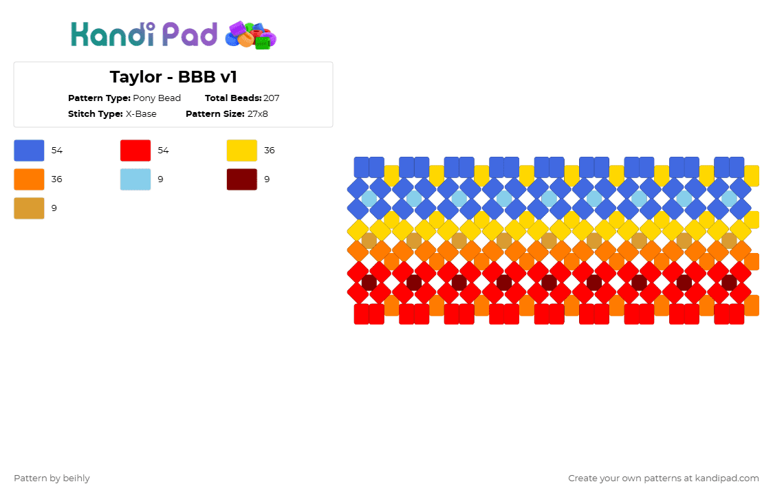 Taylor - BBB v1 - Pony Bead Pattern by beihly on Kandi Pad - blue,yellow,orange,red