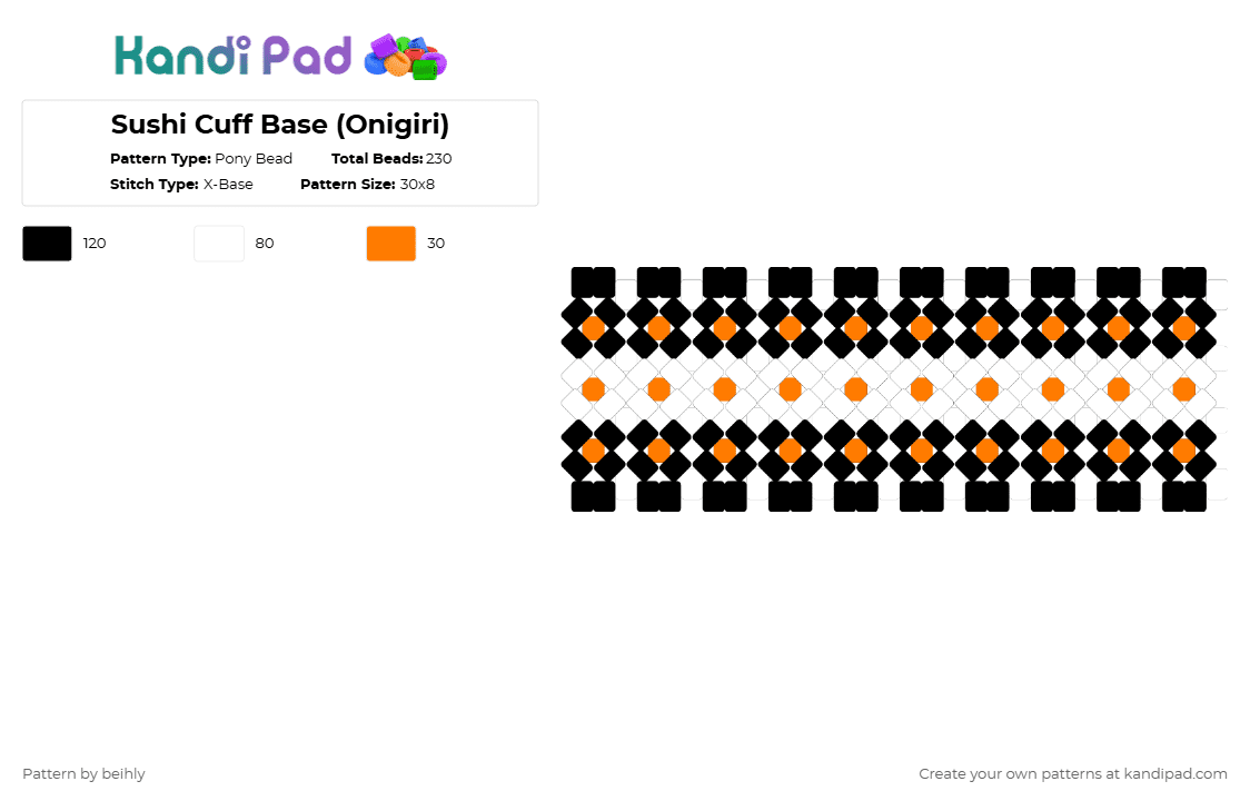 Sushi Cuff Base (Onigiri) - Pony Bead Pattern by beihly on Kandi Pad - white,orange