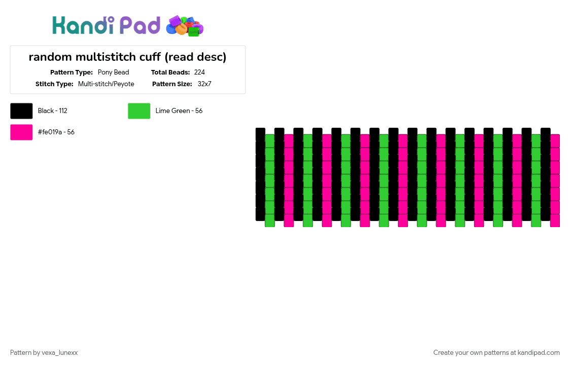 random multistitch cuff (read desc) - Pony Bead Pattern by vexa_lunexx on Kandi Pad - black, green, pink