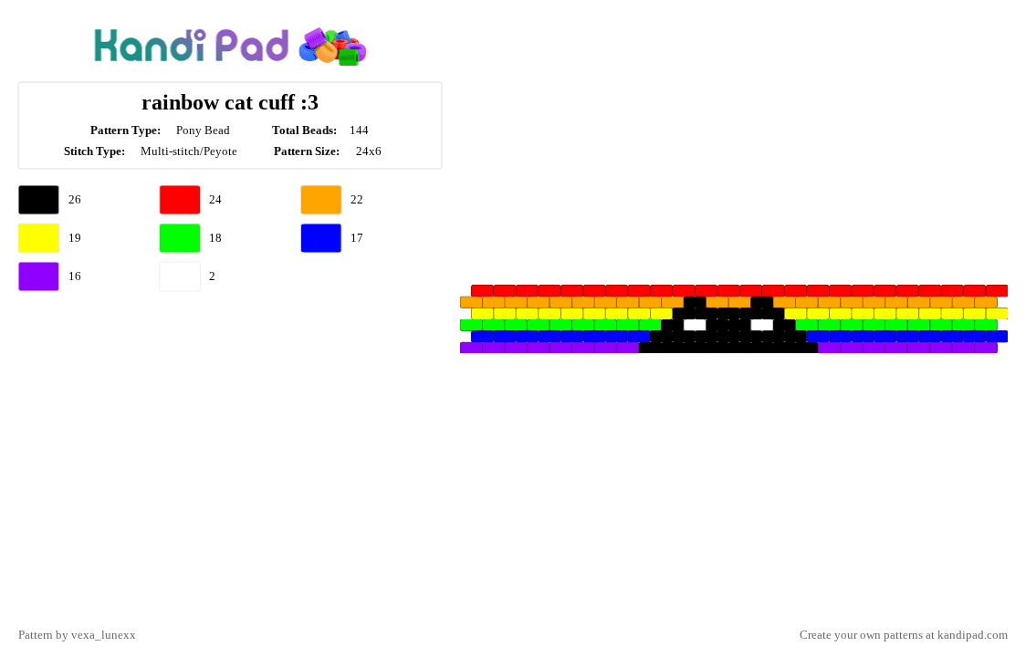rainbow cat cuff :3 - Pony Bead Pattern by vexa_lunexx on Kandi Pad - red,orange,purple,cat,black,white,rainbow,yellow,blue