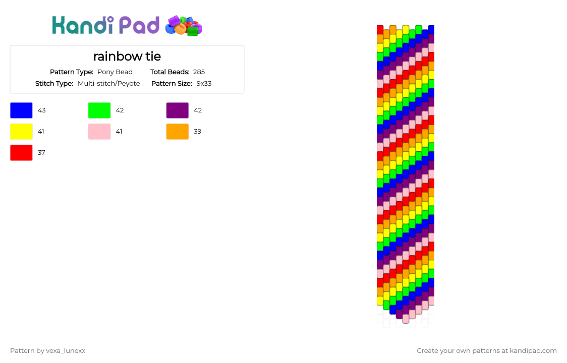rainbow tie - Pony Bead Pattern by vexa_lunexx on Kandi Pad - bright, colorful, diagonal, necktie, pink, rainbow, stripes, tie