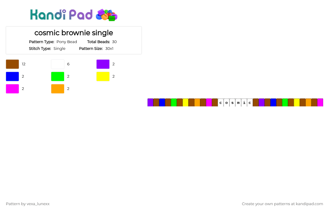 cosmic brownie single - Pony Bead Pattern by vexa_lunexx on Kandi Pad - purple,red,brown,pink,yellow,green,blue,brownie