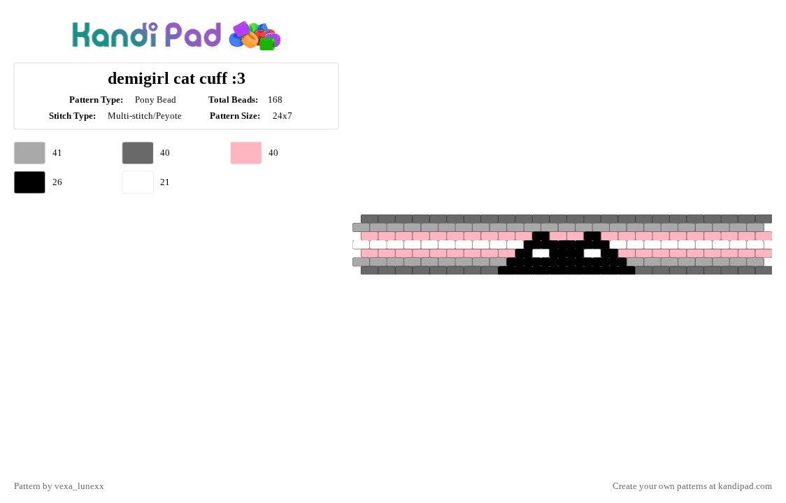 demigirl cat cuff :3 - Pony Bead Pattern by vexa_lunexx on Kandi Pad - gray,beige,pink,demigirl,cat,black,white
