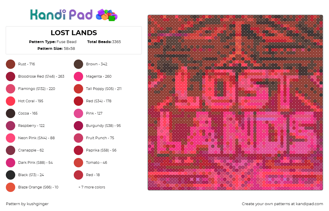 LOST LANDS - Fuse Bead Pattern by kushginger on Kandi Pad - lost lands,festival,edm,dubstep,music,community,celebration,event,red,pink