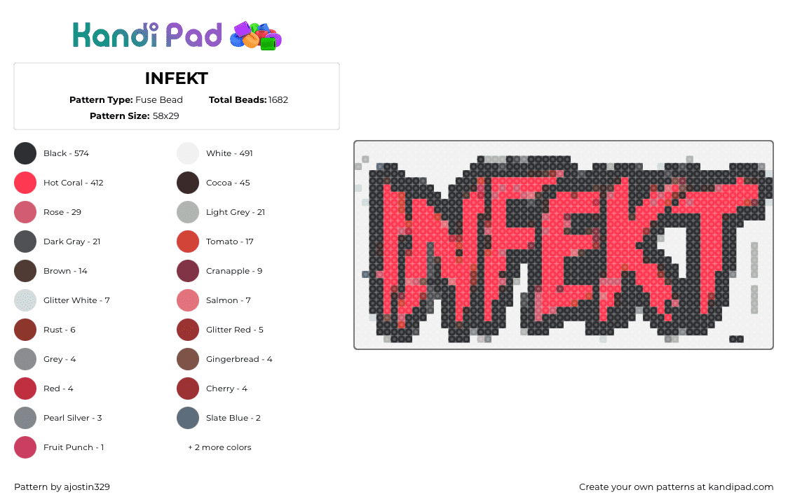 INFEKT - Fuse Bead Pattern by ajostin329 on Kandi Pad - infekt,logo,dj,music,edm,dubstep,text,red,black