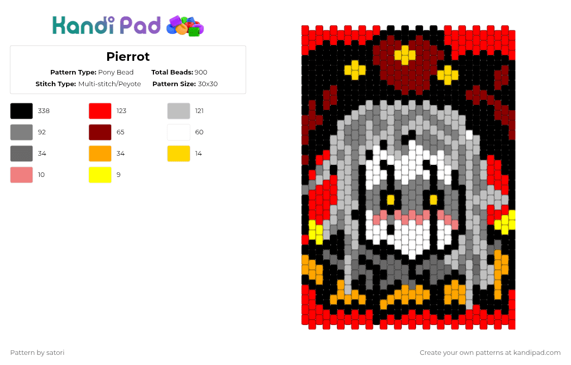 Pierrot - Pony Bead Pattern by satori on Kandi Pad - gray,red,beige