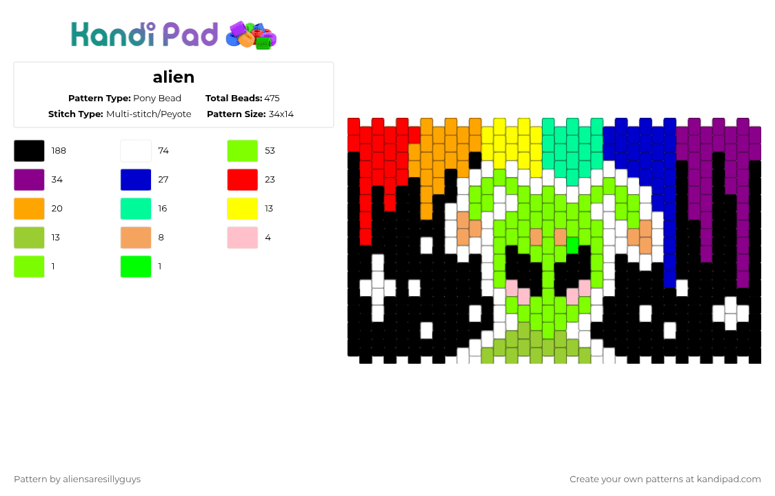 alien - Pony Bead Pattern by aliensaresillyguys on Kandi Pad - green,orange,pink