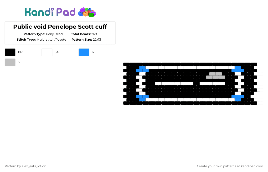 Public void Penelope Scott cuff - Pony Bead Pattern by alex_eats_lotion on Kandi Pad - black,white,light blue,beige