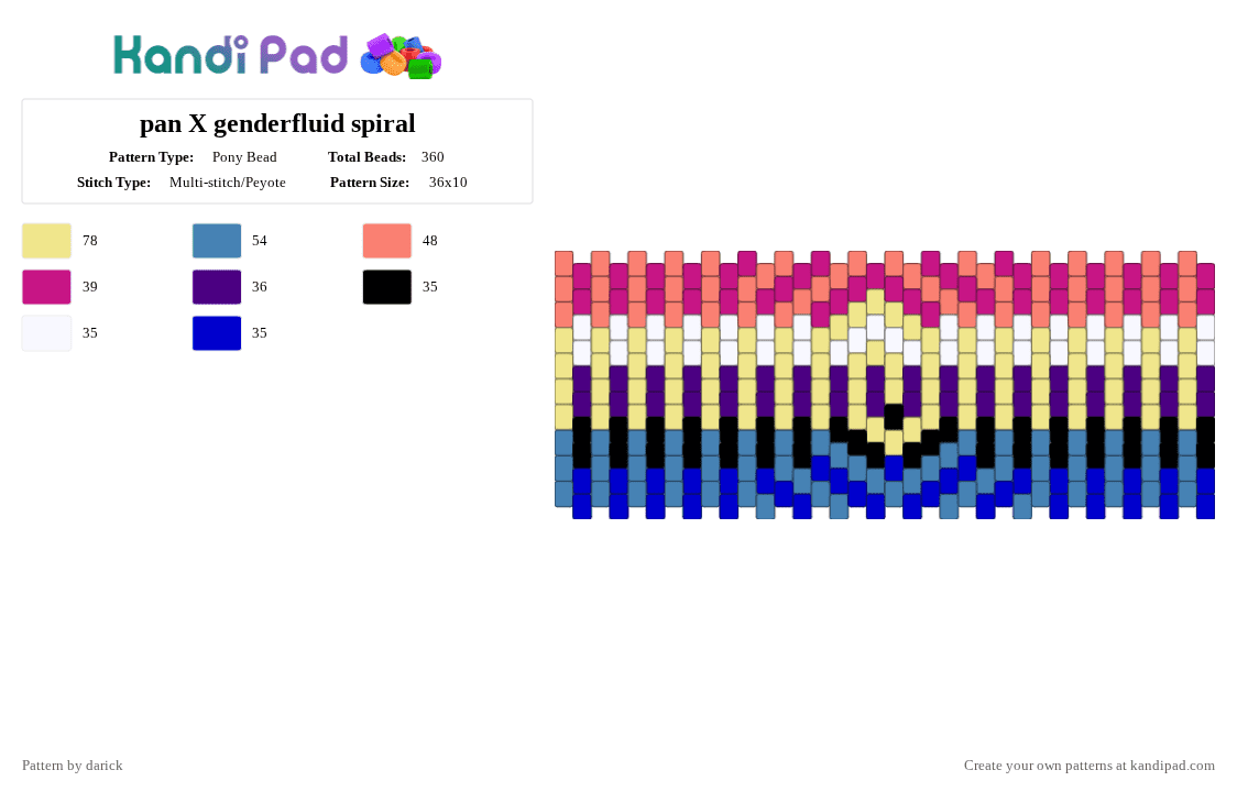 pan X genderfluid spiral - Pony Bead Pattern by darick on Kandi Pad - yellow,blue,purple