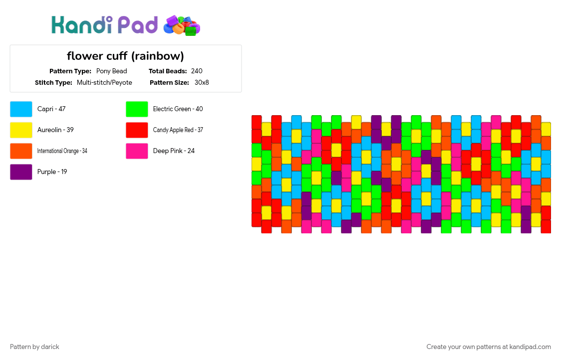 flower cuff (rainbow) - Pony Bead Pattern by darick on Kandi Pad - colorful, cotdboutiques, red, yellow