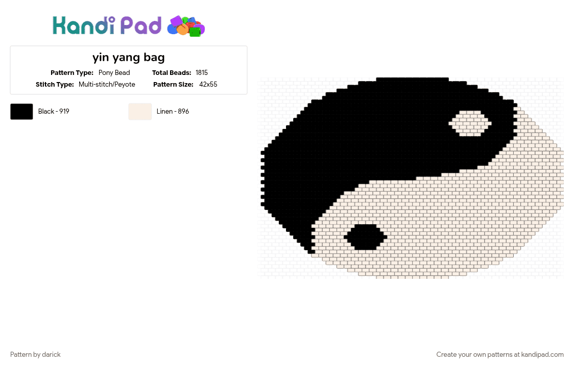 yin yang bag - Pony Bead Pattern by darick on Kandi Pad - black, white