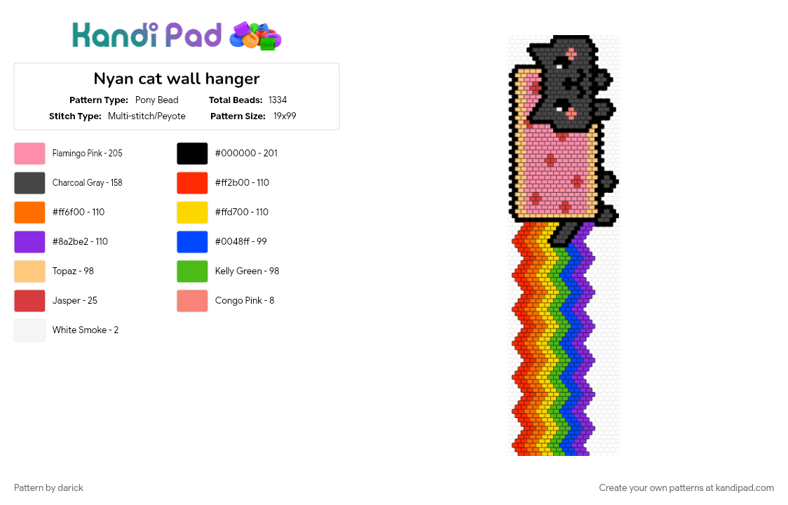 Nyan cat wall hanger - Pony Bead Pattern by darick on Kandi Pad - brown, cat, character, orange, pink, rainbow, red