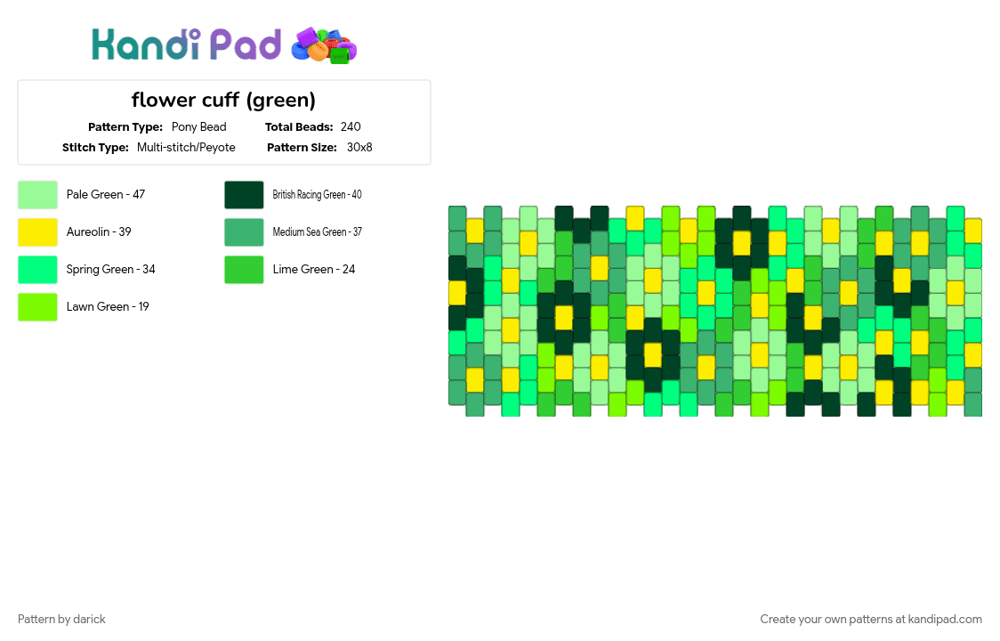 flower cuff (green) - Pony Bead Pattern by darick on Kandi Pad - cotdboutiques, green, teal