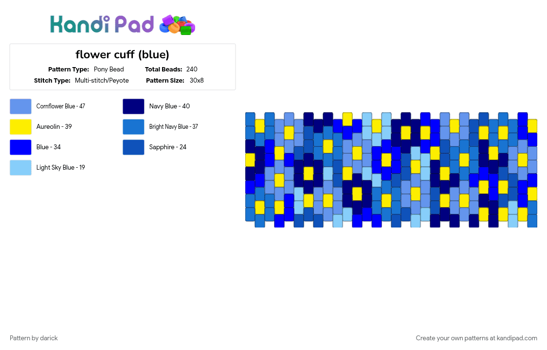 flower cuff (blue) - Pony Bead Pattern by darick on Kandi Pad - blue, cotdboutiques, light blue, purple