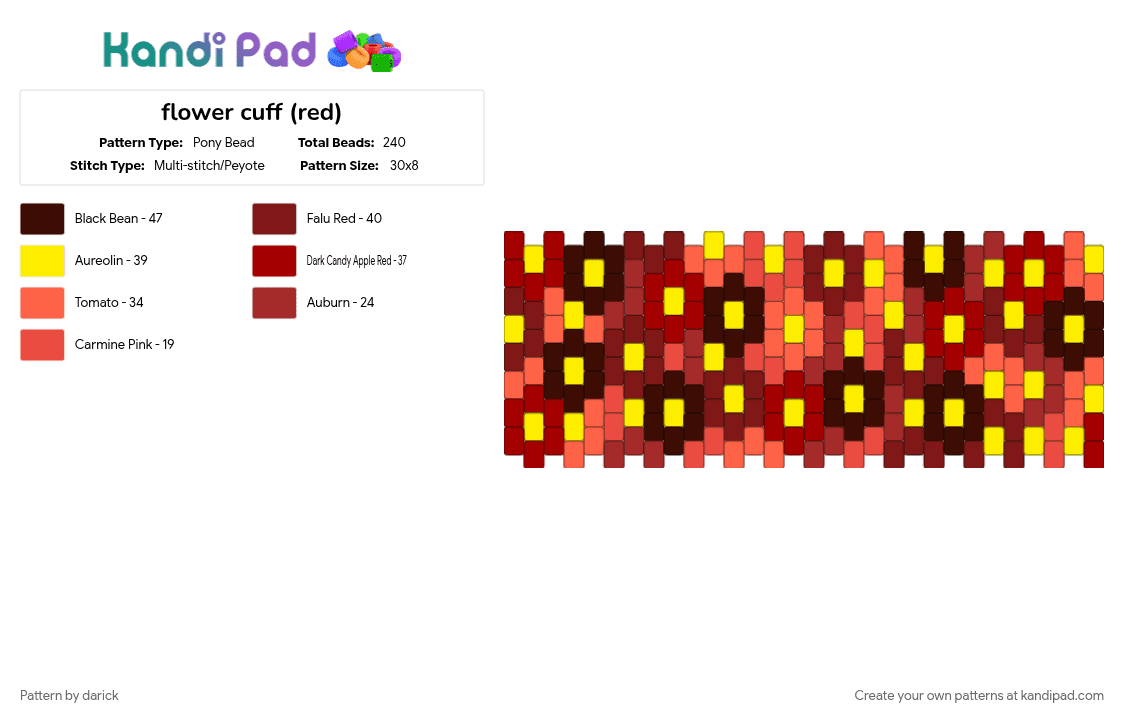 flower cuff (red) - Pony Bead Pattern by darick on Kandi Pad - brown, cotdboutiques, red