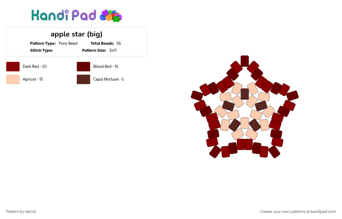 apple star (big) - Pony Bead Pattern by darick on Kandi Pad - apple, brown, challengeoftheday, cotdfruit, fruit, keychain, red, tasty