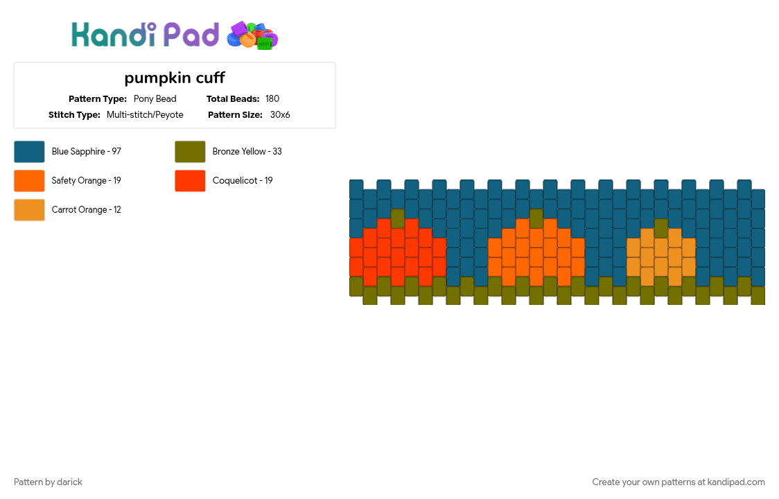pumpkin cuff - Pony Bead Pattern by darick on Kandi Pad - blue, cotdfruit, fall, food, fruit, pumkin, pumpkin, seasonal