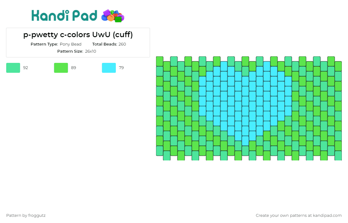 p-pwetty c-colors UwU (cuff) - Pony Bead Pattern by froggutz on Kandi Pad - heart,cuff,uwu,light blue,green