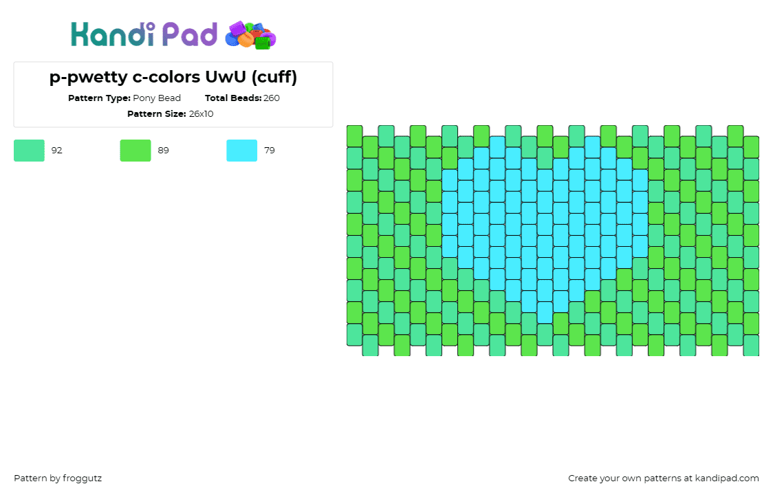 p-pwetty c-colors UwU (cuff) - Pony Bead Pattern by froggutz on Kandi Pad - heart,cuff,uwu,light blue,green