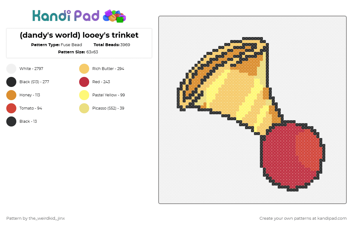 (dandy\'s world) looey\'s trinket - Fuse Bead Pattern by the_weirdkid_jinx on Kandi Pad - white,yellow,red