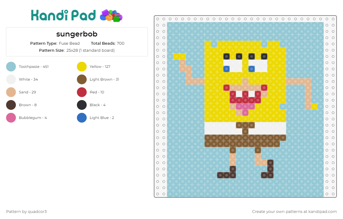 sungerbob - Fuse Bead Pattern by quadcor3 on Kandi Pad - spongebob squarepants,ocean,cheerful,fun,nostalgia,animated character,yellow