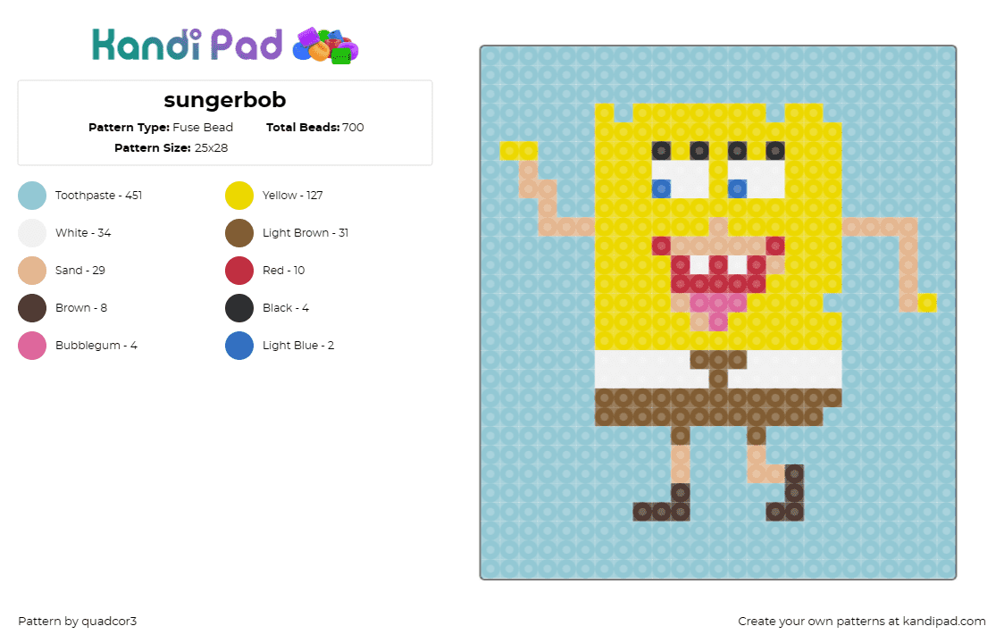 sungerbob - Fuse Bead Pattern by quadcor3 on Kandi Pad - spongebob squarepants,ocean,cheerful,nostalgia,animated character,yellow