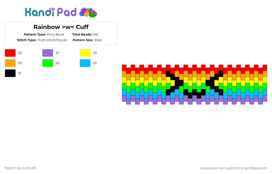 Rainbow >w< Cuff - Pony Bead Pattern by turtlcat9 on Kandi Pad - yellow,green,colorful