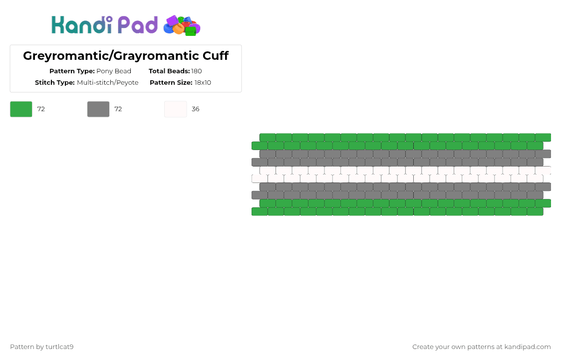 Greyromantic/Grayromantic Cuff - Pony Bead Pattern by turtlcat9 on Kandi Pad - green,gray,greyromantic,grayromantic,pride,cuff,horizontal