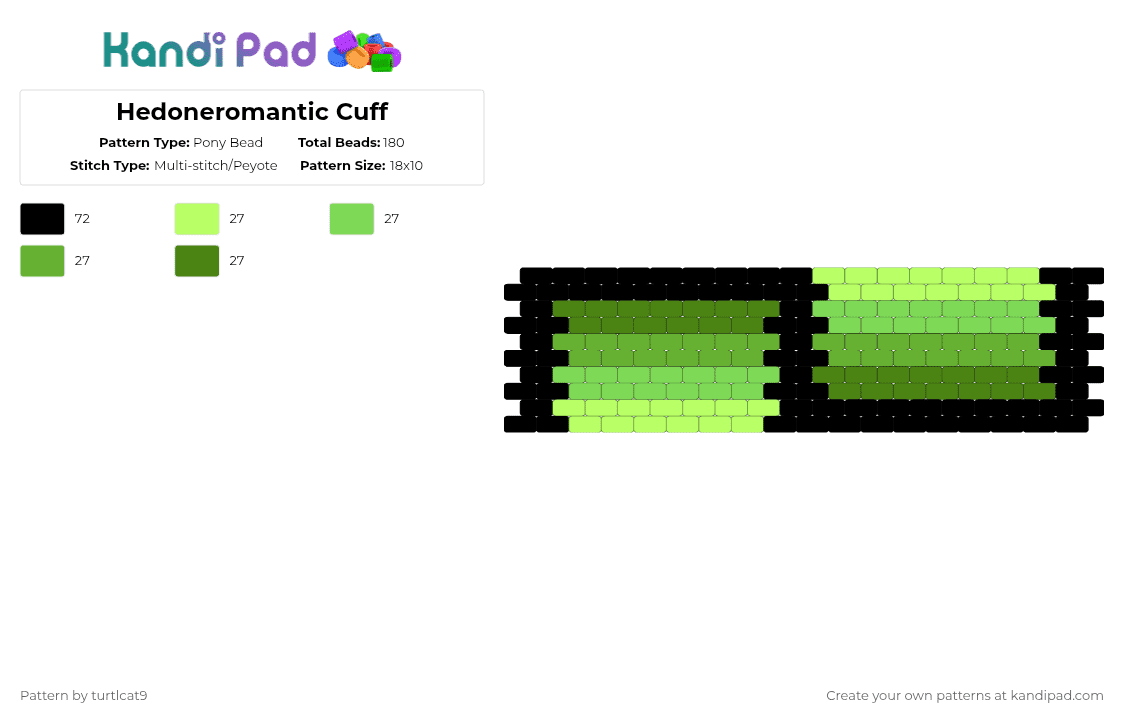 Hedoneromantic Cuff - Pony Bead Pattern by turtlcat9 on Kandi Pad - green,hedoneromantic,hedone,pride,cuff,horizontal
