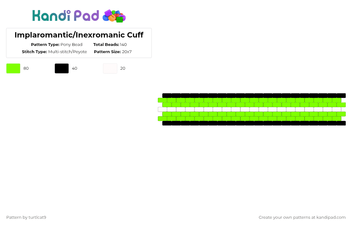 Implaromantic/Inexromanic Cuff - Pony Bead Pattern by turtlcat9 on Kandi Pad - green,implaromantic,inexromanic,impla,inex,pride,cuff,horizontal