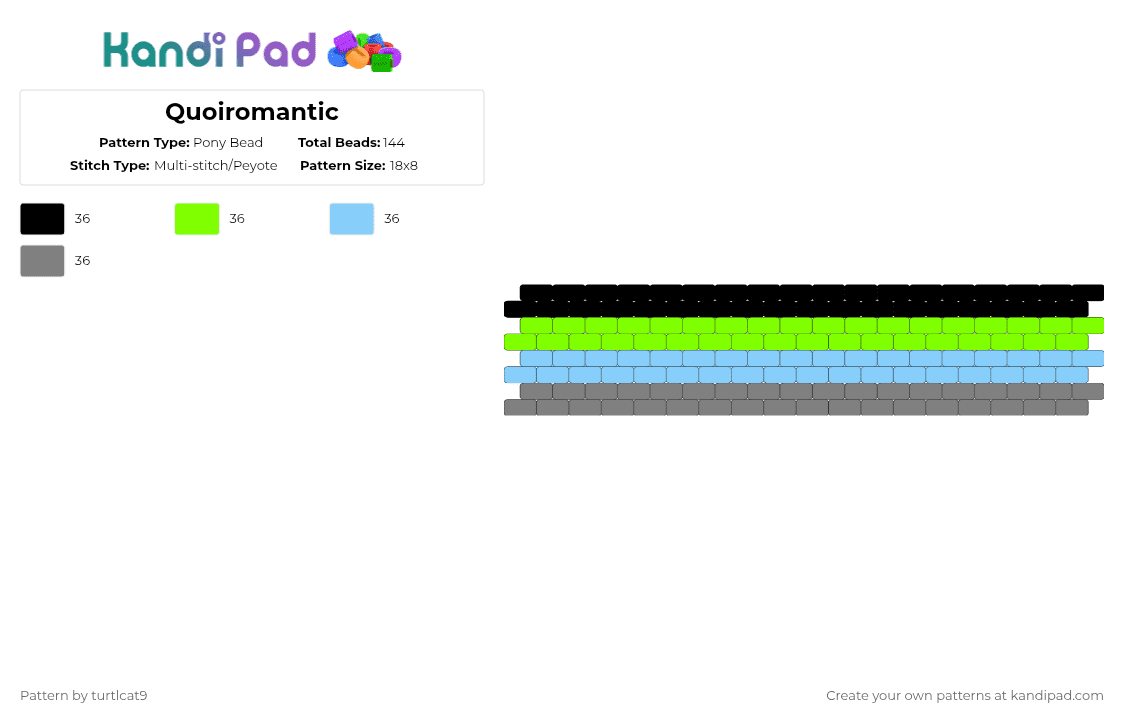 Quoiromantic - Pony Bead Pattern by turtlcat9 on Kandi Pad - green,light blue,gray,quoiromantic,quoi,pride,cuff,horizontal