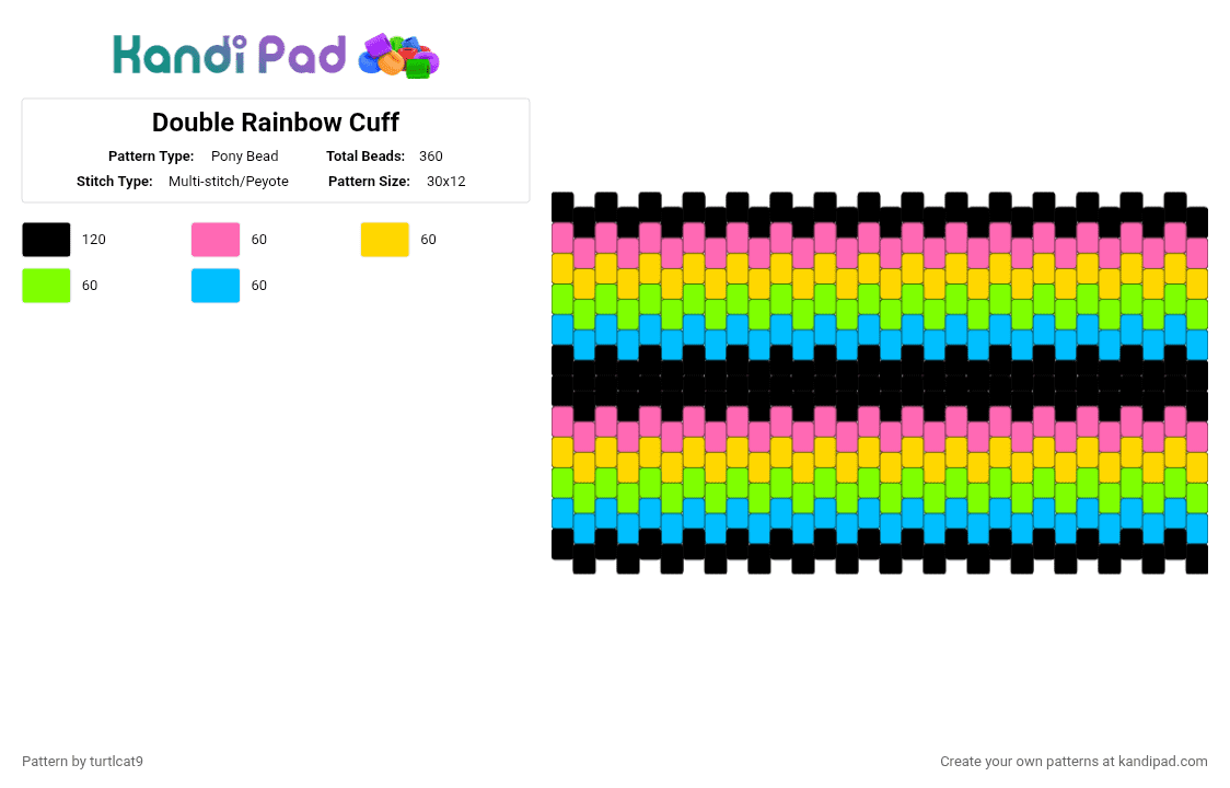 Double Rainbow Cuff - Pony Bead Pattern by turtlcat9 on Kandi Pad - pink,yellow,green,light blue,rainbow,cuff,vertical